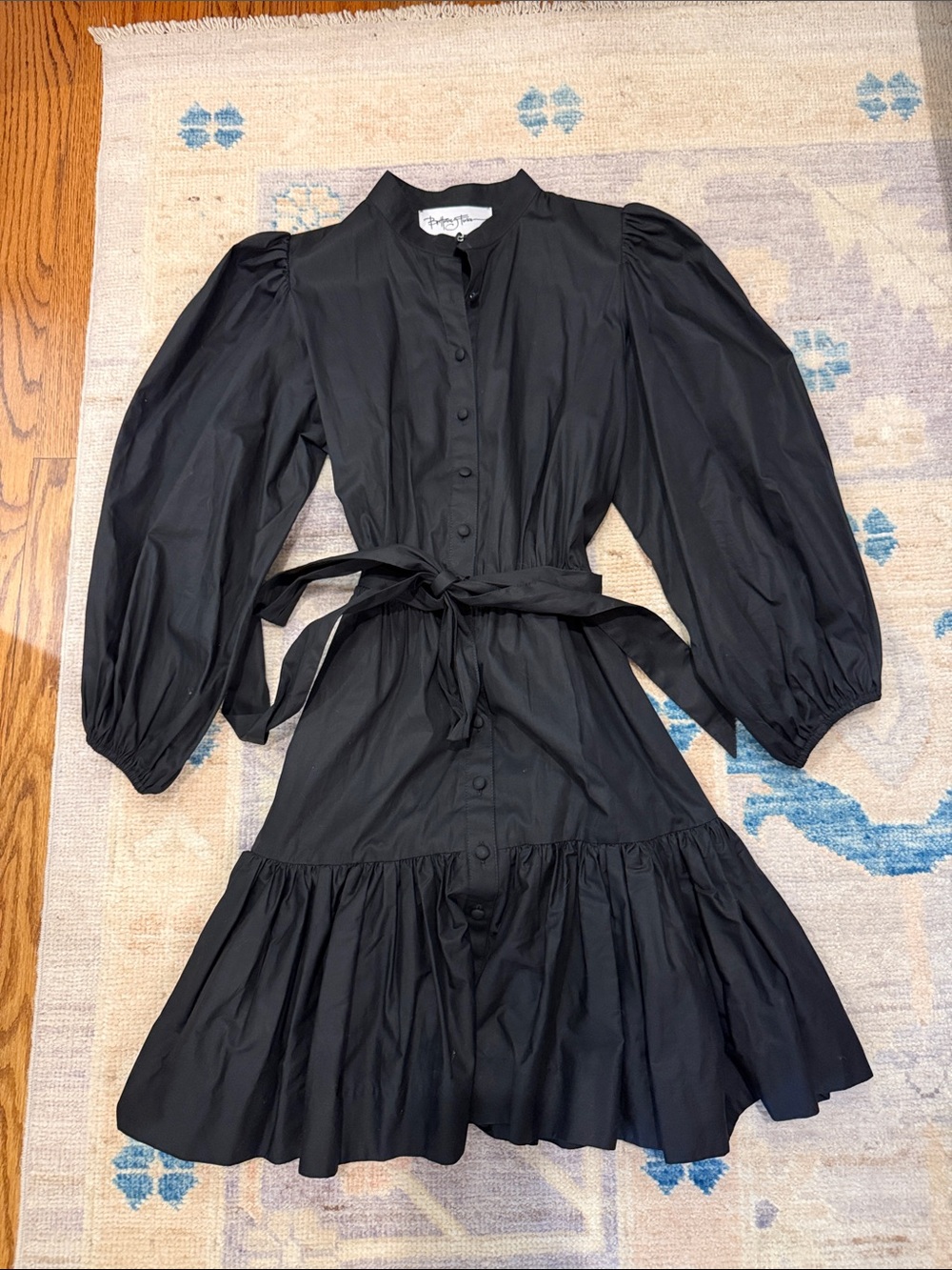 Black Button-Front Puff Sleeve Dress with Waist Tie